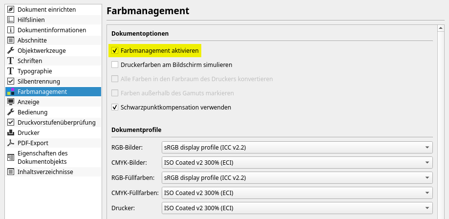 Scribus: Dokument einrichten › Farbmanagement aktivieren